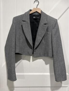 Zara Cropped Gray and Silver Blazer Jacket Size, L